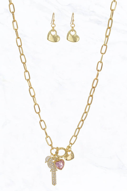 NE6658C Key w/Rhinestone Glass Heart Pendant Link Chain Necklace Set